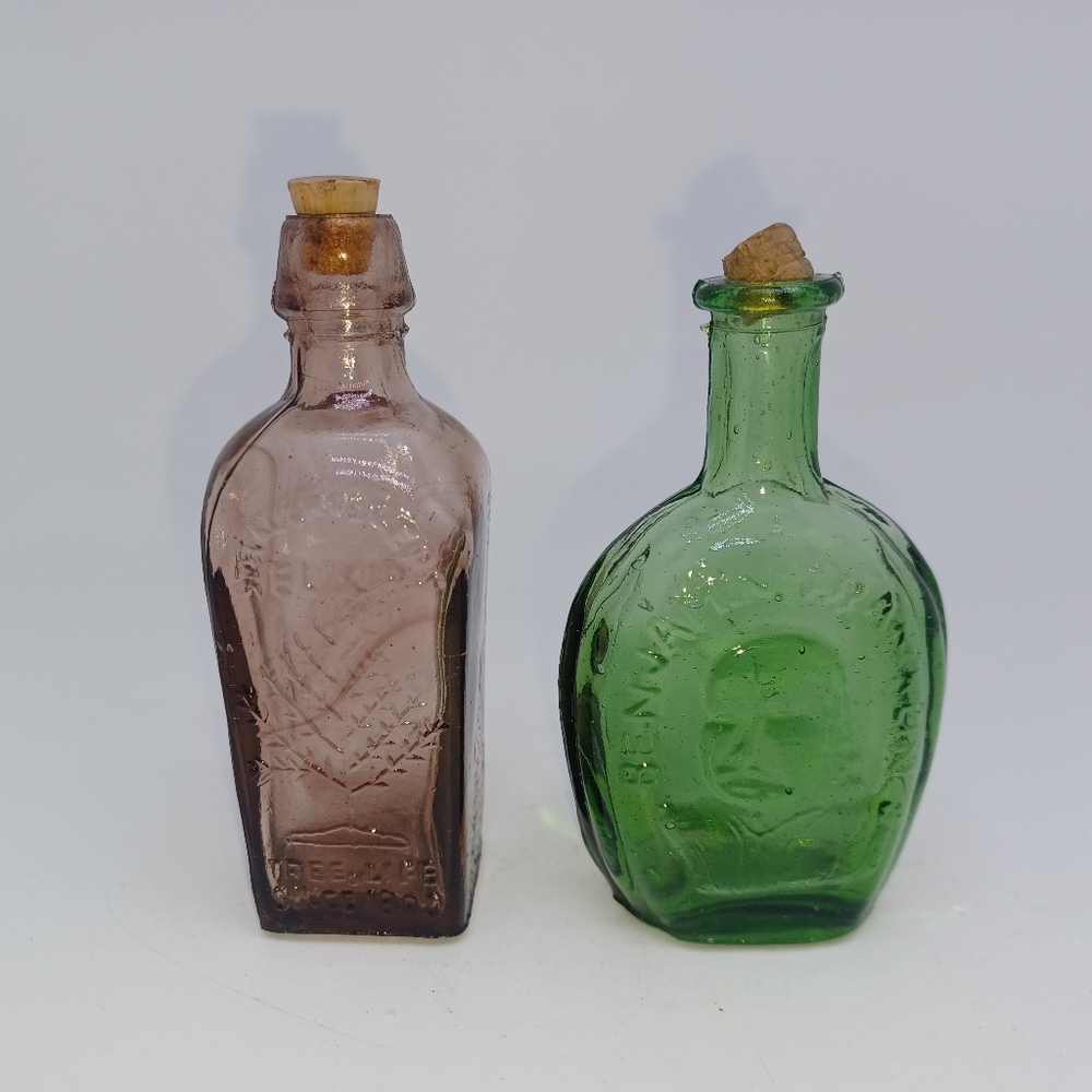 2 Vintage Wheaton Bottles Small Purple Tree of Life Green Benjamin Franklin